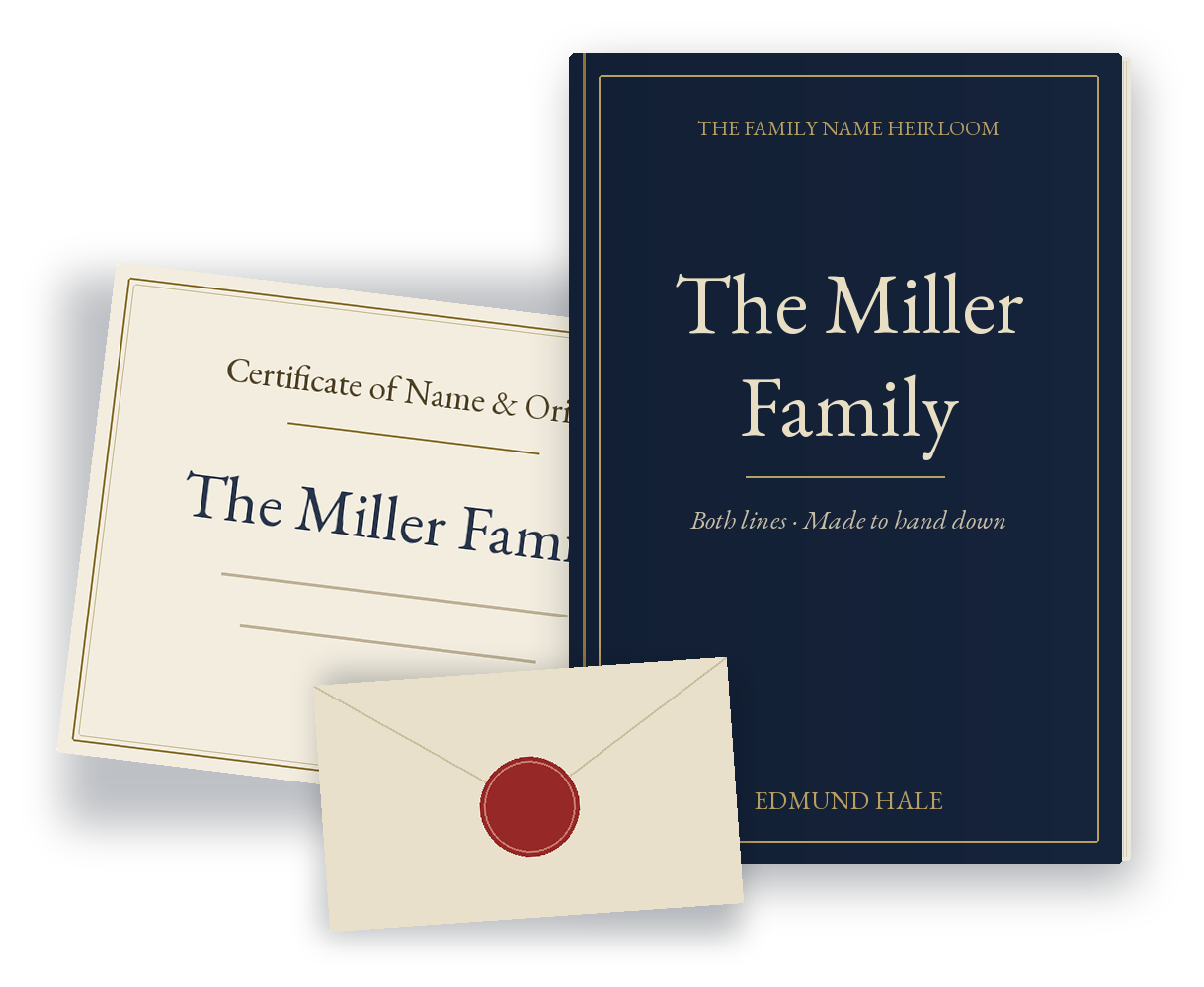 The Family Name Heirloom — both lines, the volume, the certificate, the letter
